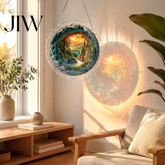 Colorful Wall Patterns 7.48 Inch Circular DIY Puzzle Suncatcher, Acrylic Stained Glass Style Window Hanging Ornament, Art Waterproof Pendant for Home