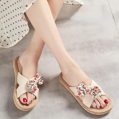 Новые летние женские тапочки ручной работы, сплошной цвет с подошвой из пеньковой веревки, модные тенденции, домашние и уличные тапочки с бежевым цветком и бантом, обувь