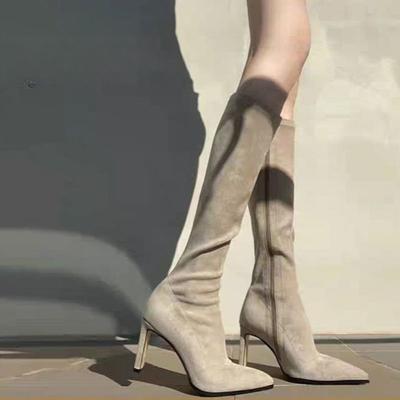 Модные женские сапоги на высоком каблуке, сапоги до колена, высокое качество, модные, с острым носком, на боковой молнии, замшевые, женские сапоги на высоком каблуке, Botas Mujer