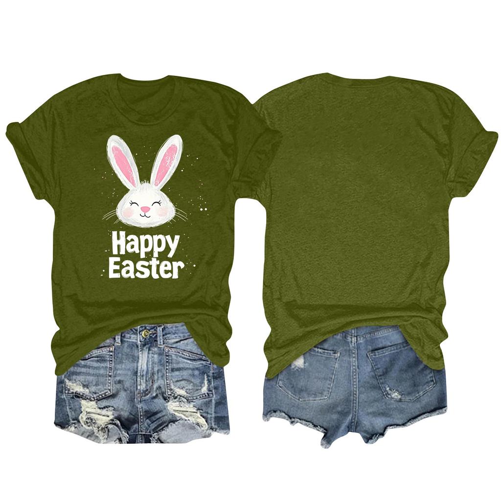 Happy Easter Women's Fashion Printed Round Neck Short Sleeve T-Shirt Pullover Top