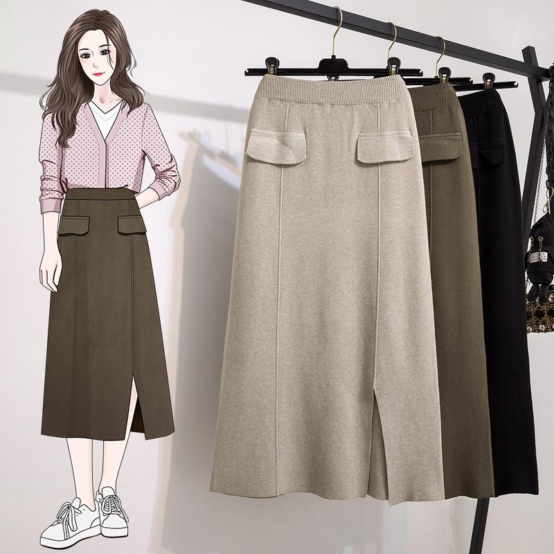 Трикотажная юбка с эластичной талией и дизайнерским разрезом для женщин зимой, большой размер, толстые мм, высокая талия, узкая прямая юбка миди