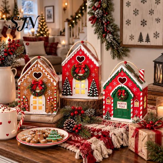Holiday Souvenir Packaging Christmas House Shaped Candy Boxes with Handles, Festive Cottage Decorative Cabin Gift Holders Treat Containers for Cookies