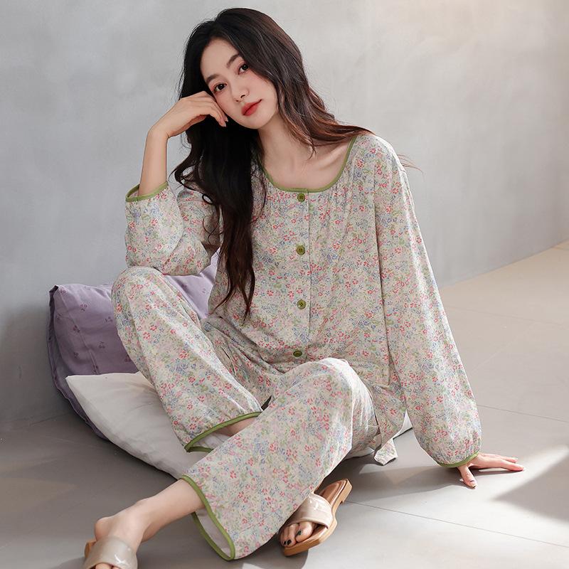 Pajamas women's spring and autumn pure cotton long-sleeved 1011 new middle-aged mother women's cotton large-size loungewear set