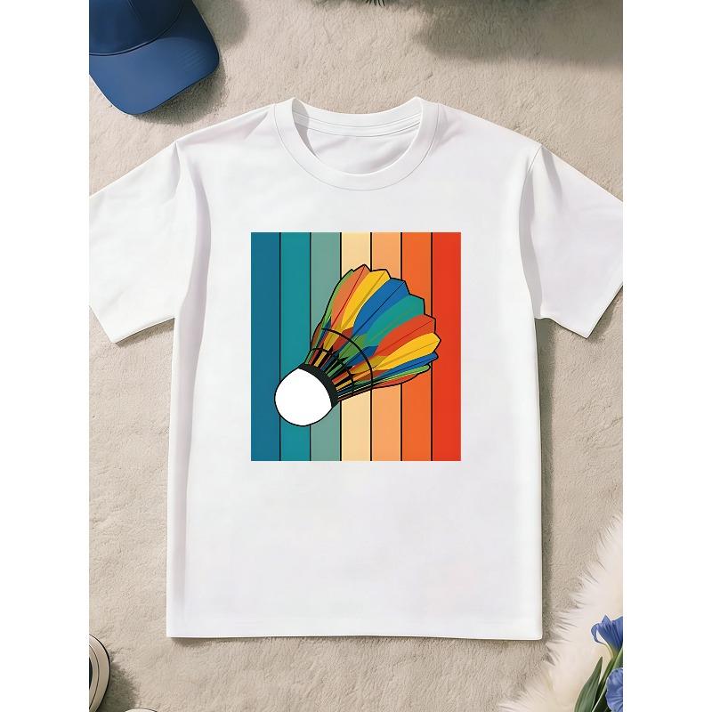 European sizes Boys' and Teens' T-Shirt with Fun Vintage Style "Badminton Shuttlecock and Colorful Stripes Background" Print