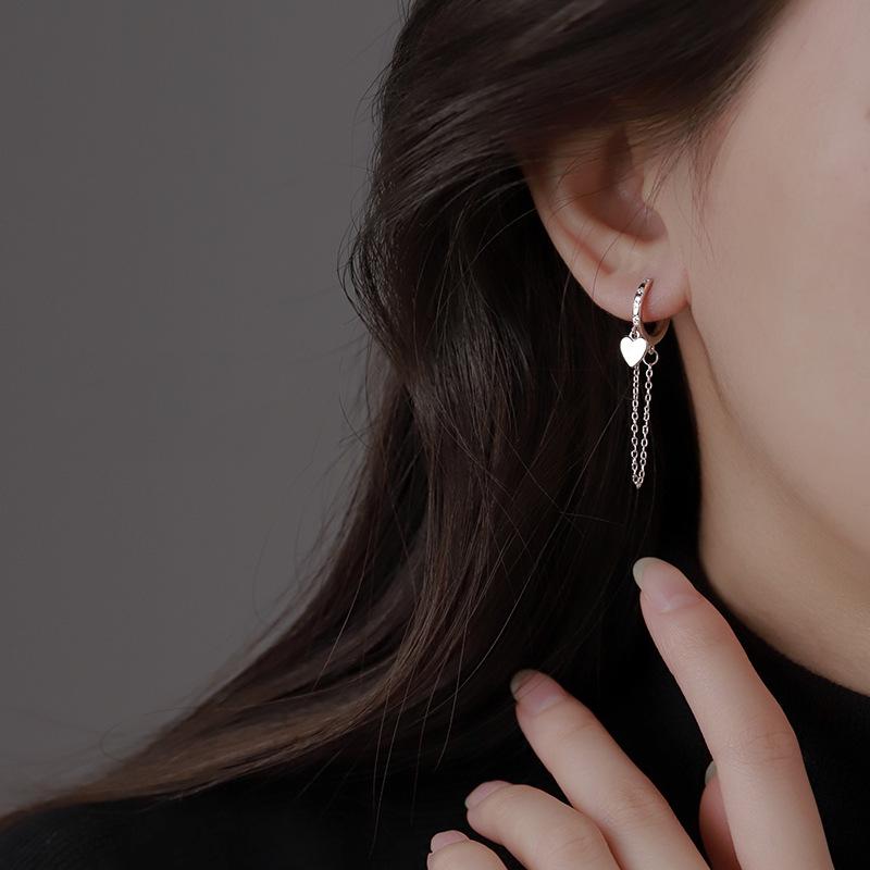 CIAXY Silver Color Heart-shaped Charm Earrings for Women Temperament Tassel Chain Ear Buckle Korean Fashion Jewelry