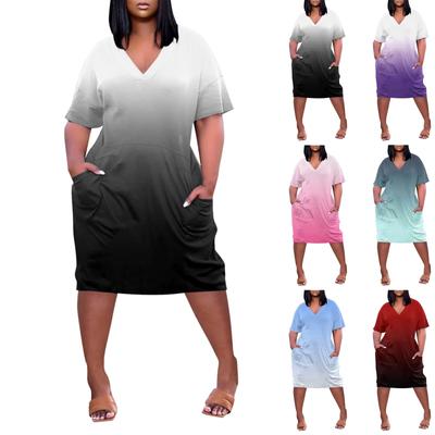 Лето плюс размер V-образным вырезом с коротким рукавом и карманом до колена с градиентным принтом повседневное платье для женщин