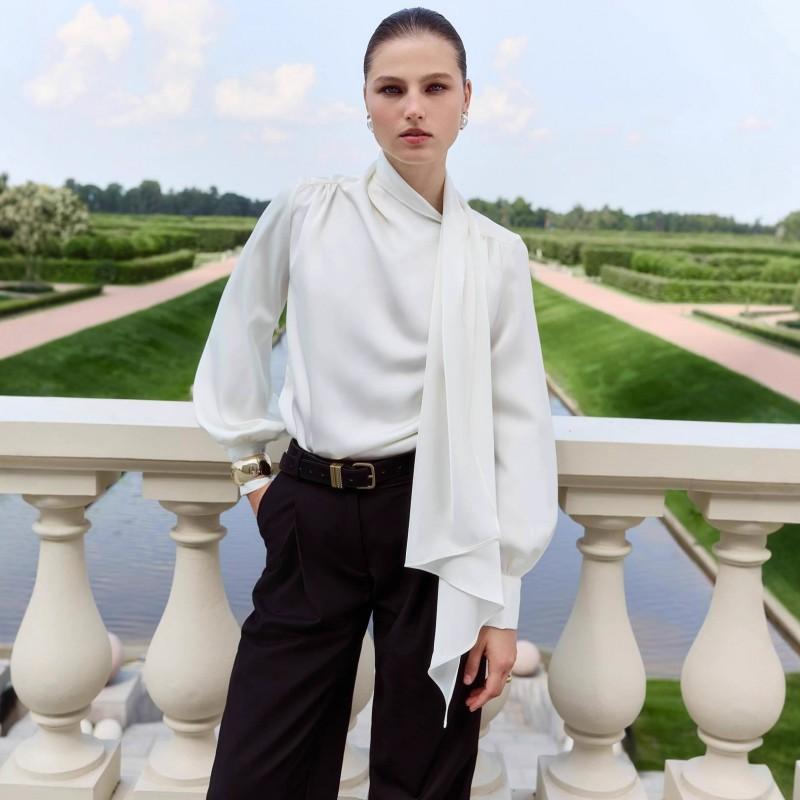 Womens Elegant French Style Wrap Neck Long Sleeve Blouse Loose Fit Office Wear Pure Color Shirt
