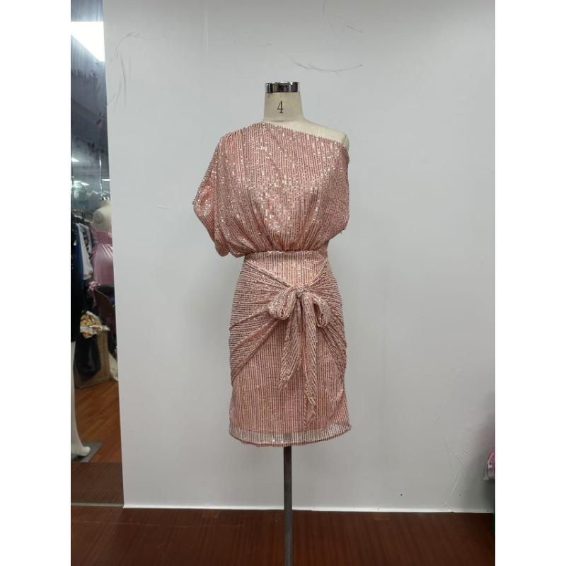 Новое европейское и американское женское платье для вечеринки и клуба с пайетками, одно плечо, плиссированное тостовое платье, мода