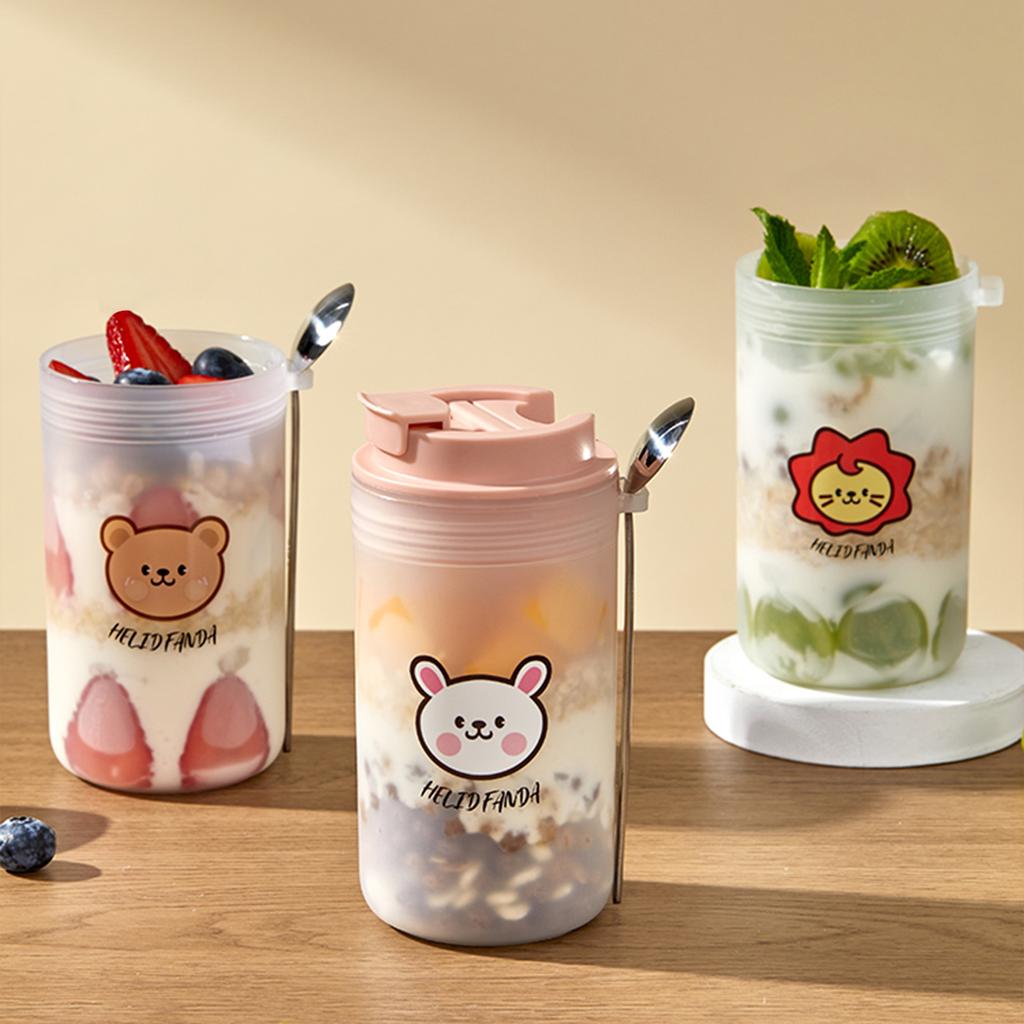 350Ml Cute Breakfast Cups With Lid & Spoon Portable Reusable Leak Proof Salad Yogurt Cup Oat Containers Microwave Safe