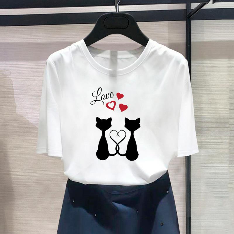 (Asian Size) Fashion Print Female Paw Love Cat Pet Dog Love Casual Women's Top Casual T Clothing Graphic Tee Short Sleeve T-shirt