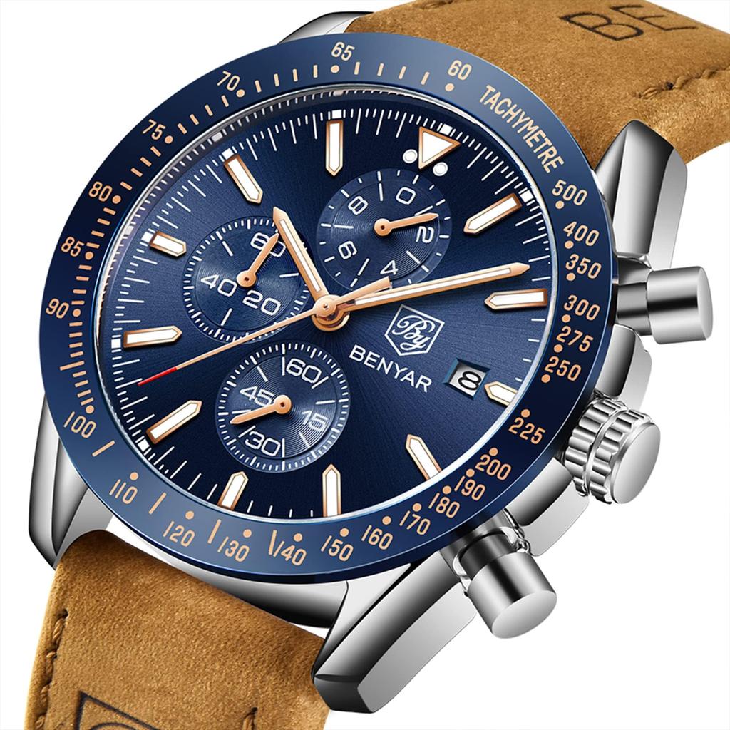 BY BENYAR Watch Watch Chronograph Analog Watch 30M Waterproof Business Simple Stylish Popular Formal Leather Belt Quartz Watch Gift for Men Brown