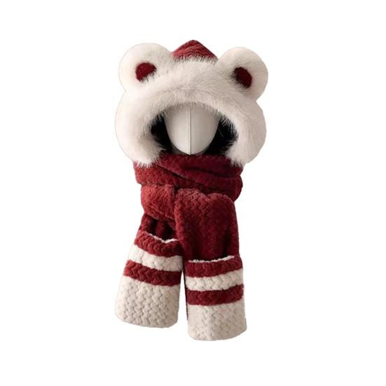 3 In 1 Hat Scarf Gloves Set Bear Ear Decor Thickened Plush Winter Hat