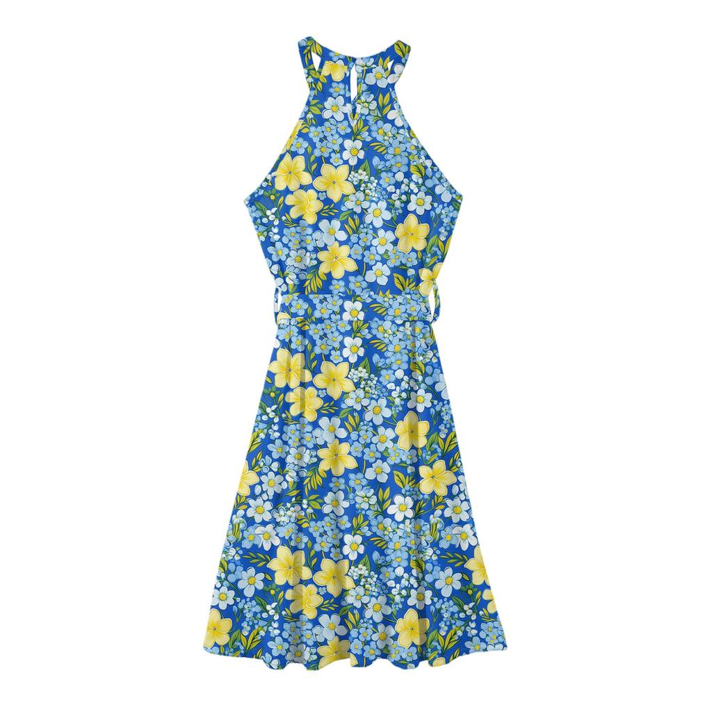 Женское повседневное платье миди с круглым вырезом, классическое, повседневное, без рукавов, свободное платье в стиле бохо с завязками, летний пляжный сарафан