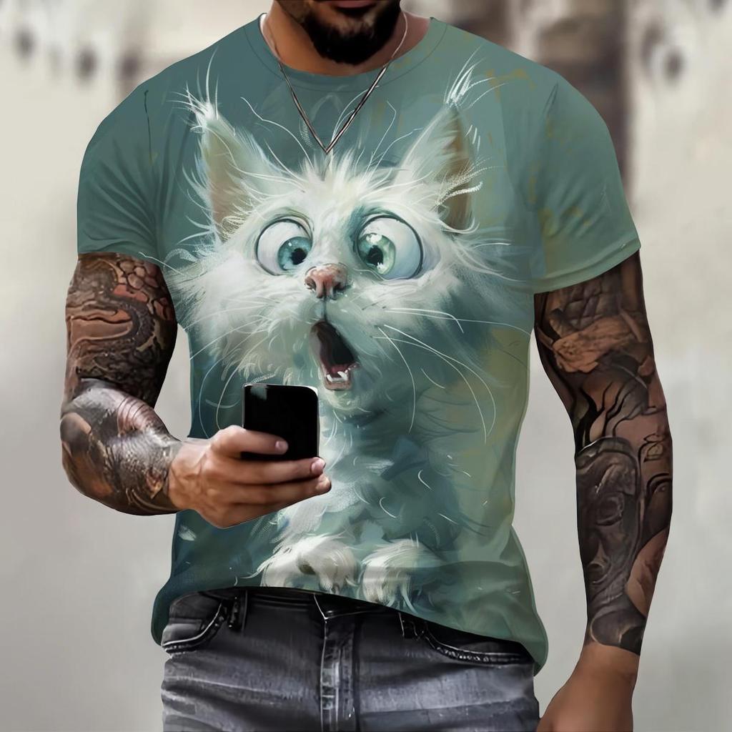 Funny 3D Cat Print T Shirt For Men Street Trend Hip Hop Clothing Casual O-neck Short Sleeve T-Shirt Fashion Loose Summer Tops