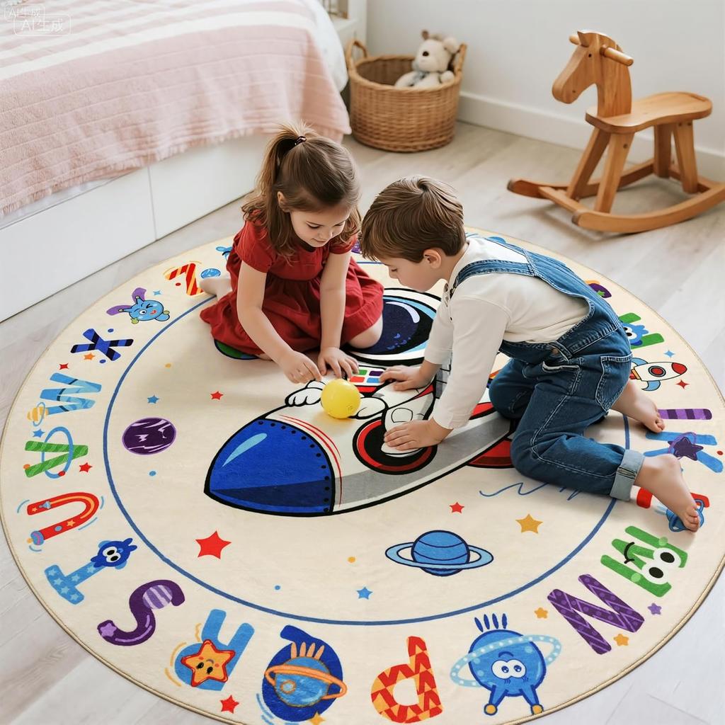 ABC Kids Alphabet Round Rug Washable Soft Nursery Rug,Non-Slip Educational Carpet with Space Astronaut Design for Classroom
