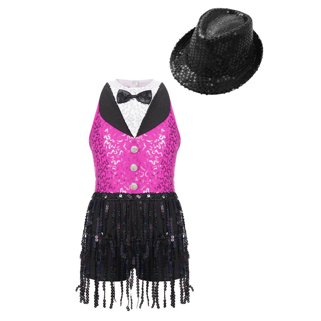Girls Sleeveless Sequin Jumpsuit Keyhole Back Design Jazz Performance Competition Outfit Matching Hat