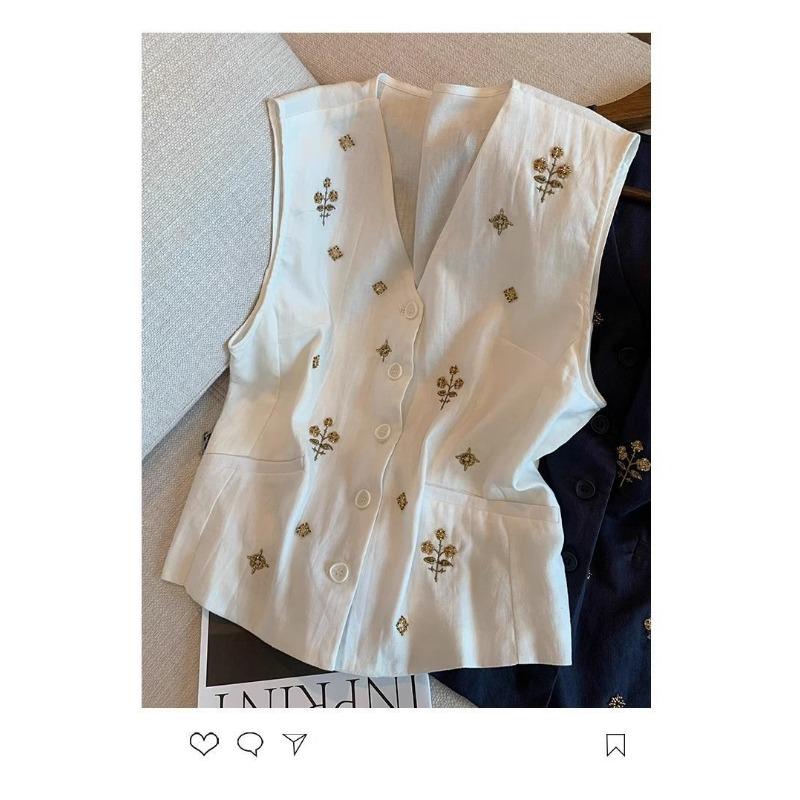 Женский sleeveless жилет с цветочной и звездной вышивкой, V-образным вырезом и пуговицами спереди