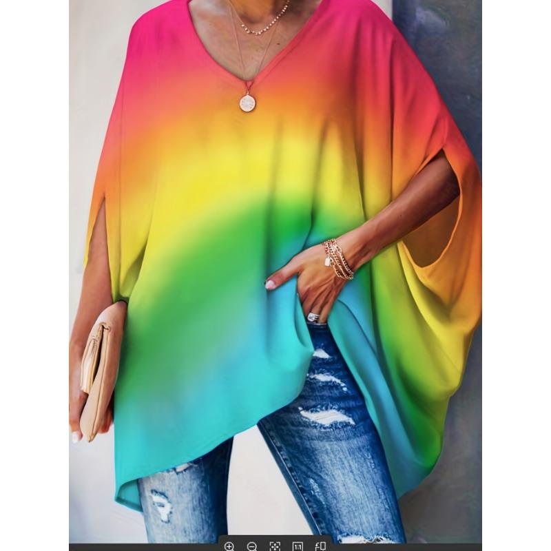 Plus Casual Size Tshirt Womens Plus Ombre Print Bat Sleeve V Neck Slight Stretch Oversized Tshirt