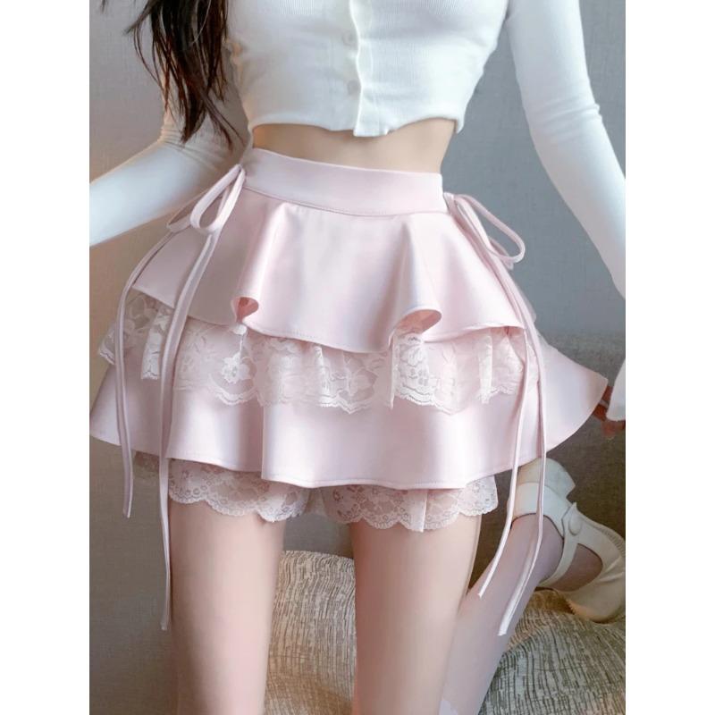Pink Vintage Sweet Mini Skirt Women Lace-up Japanese Lolita Kawaii Cake Skirt Female Lace Korean Cute Fairy Skirts Autumn 2024