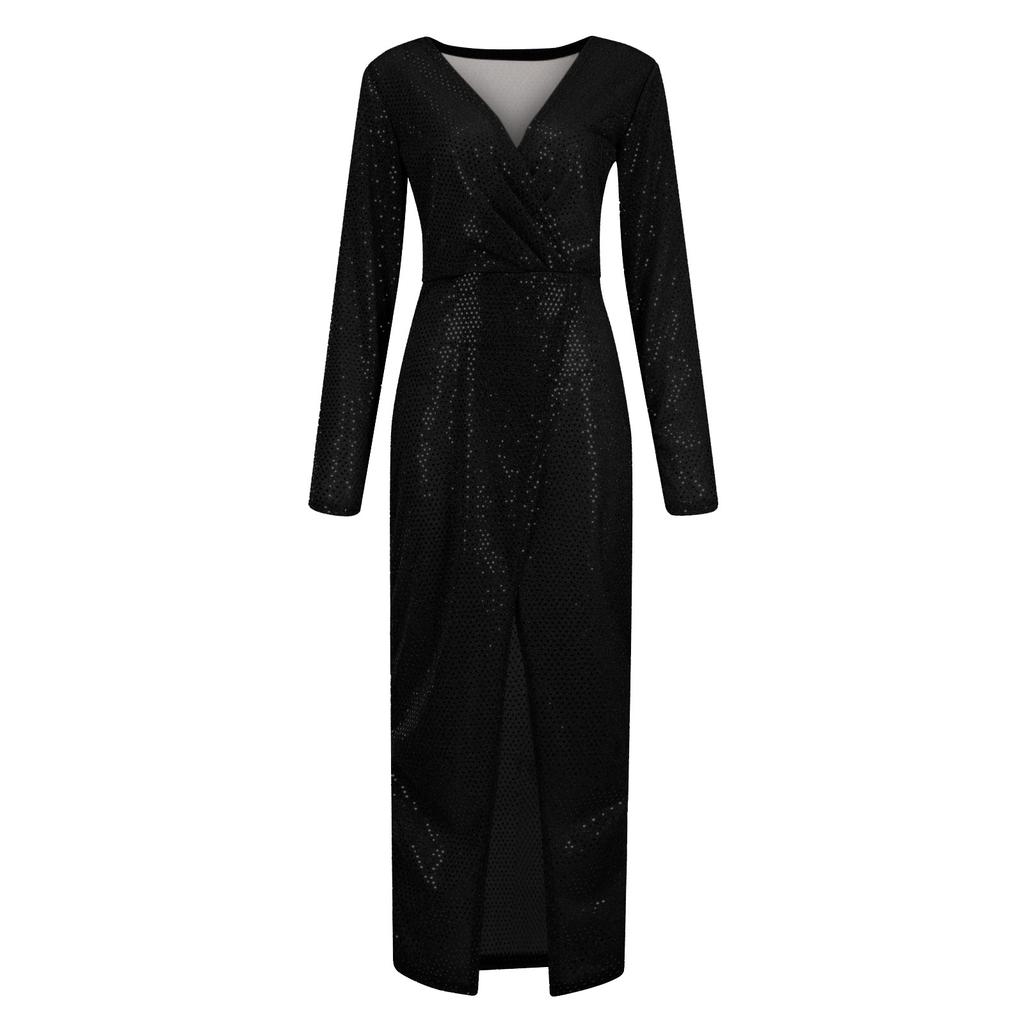 Women's Solid Color V-neck Shiny Sexy Dress Slim Long-sleeved Dress Long Dress