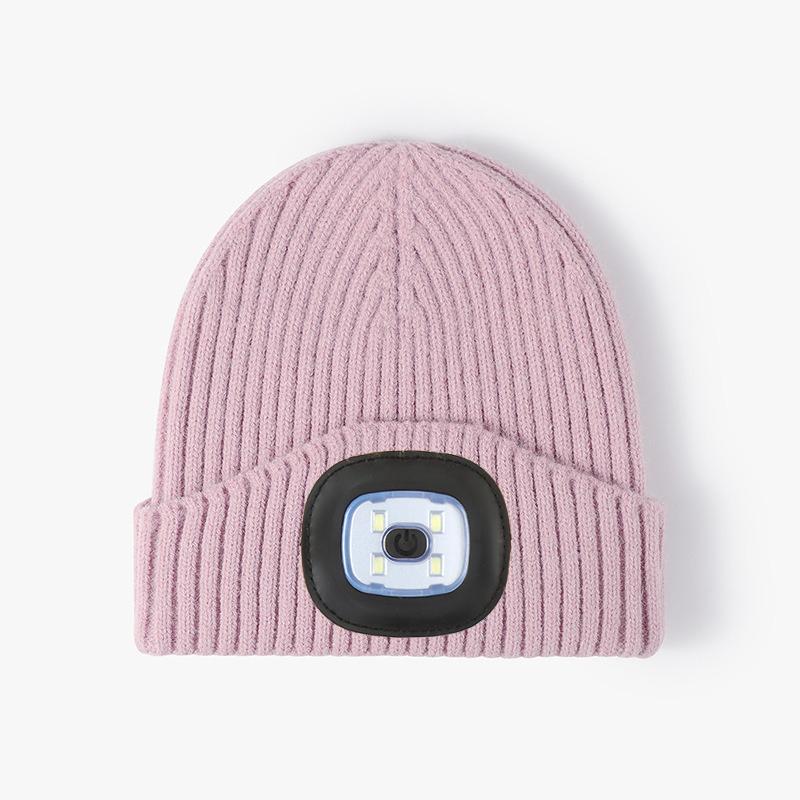 OEM Factory LED Headlamp Beanie Cap Warm Winter Ribbed Knit Hat with Rechargeable Light for Men Women Running Custom Beanie