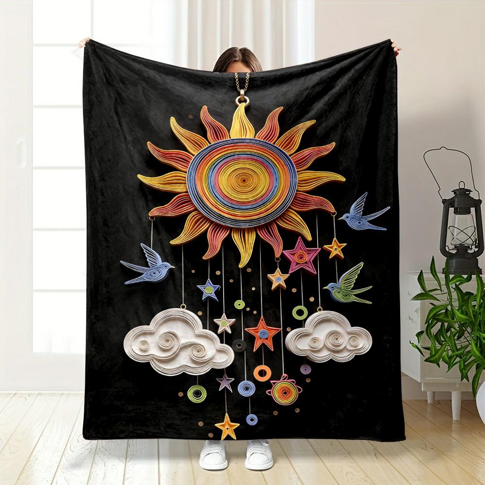 Colorful Sun, Stars & Birds on Black Design Flannel blanket for bedroom, living room, sofa, and nap sofas.