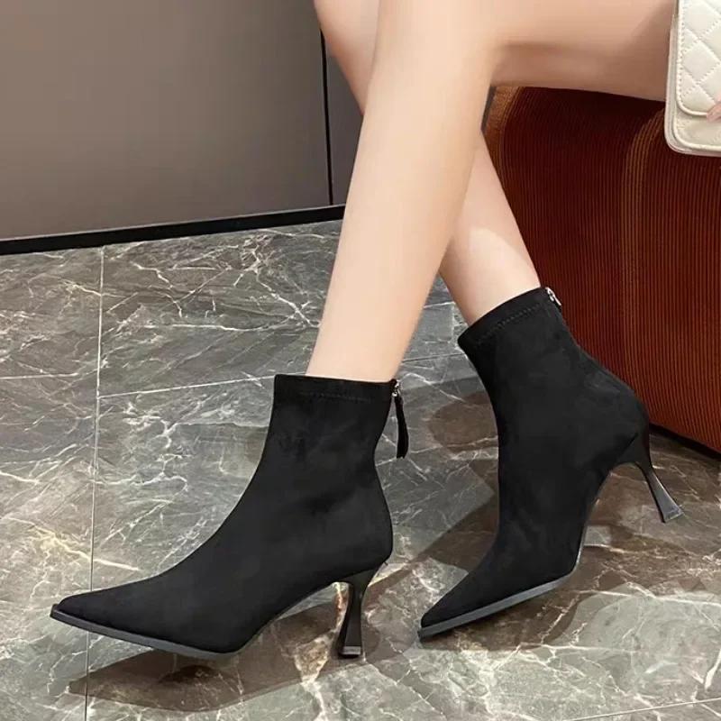 Модная женская обувь 2024 года, модные женские сапоги на молнии, осенние сапоги с острым носком и леопардовым принтом, сексуальные короткие сапоги на шпильках или тонких каблуках