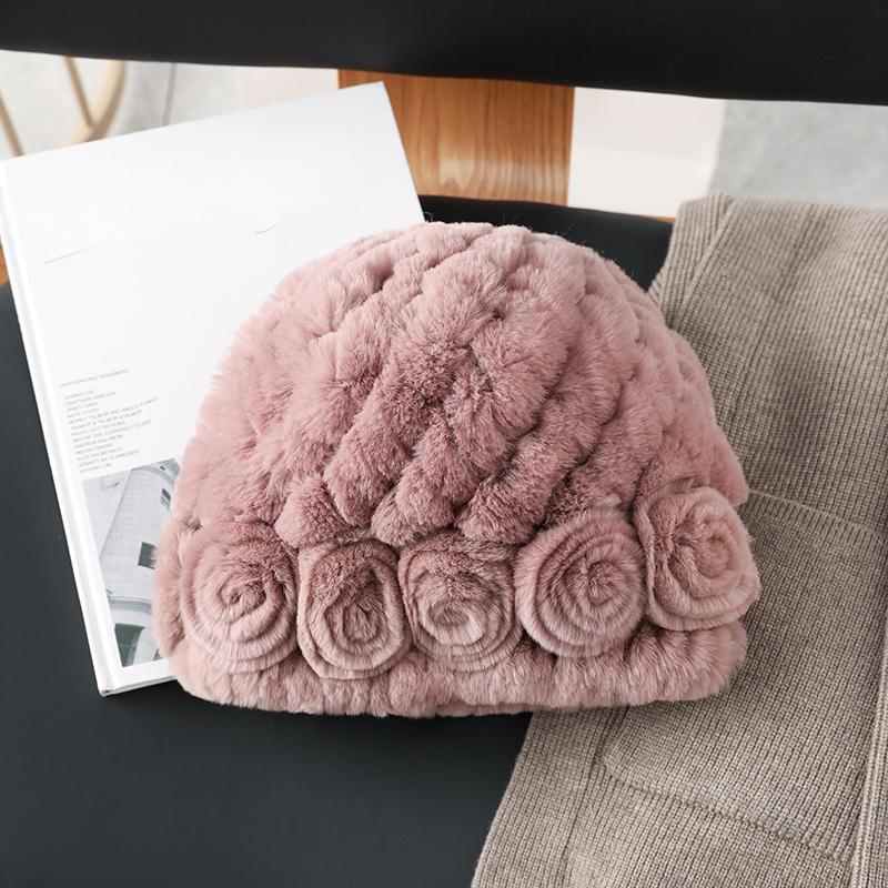 Winter Warm Scarf Hat Two-piece Set, Middle-aged and Elderly Temperament Rex Rabbit Fur Hat, Mother Flower Scarf