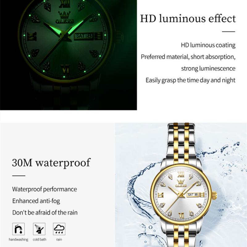 OLEVS Женские часы Модные часы Двухдневный календарь с ночным светом Водонепроницаемые кварцевые часы высокого класса
