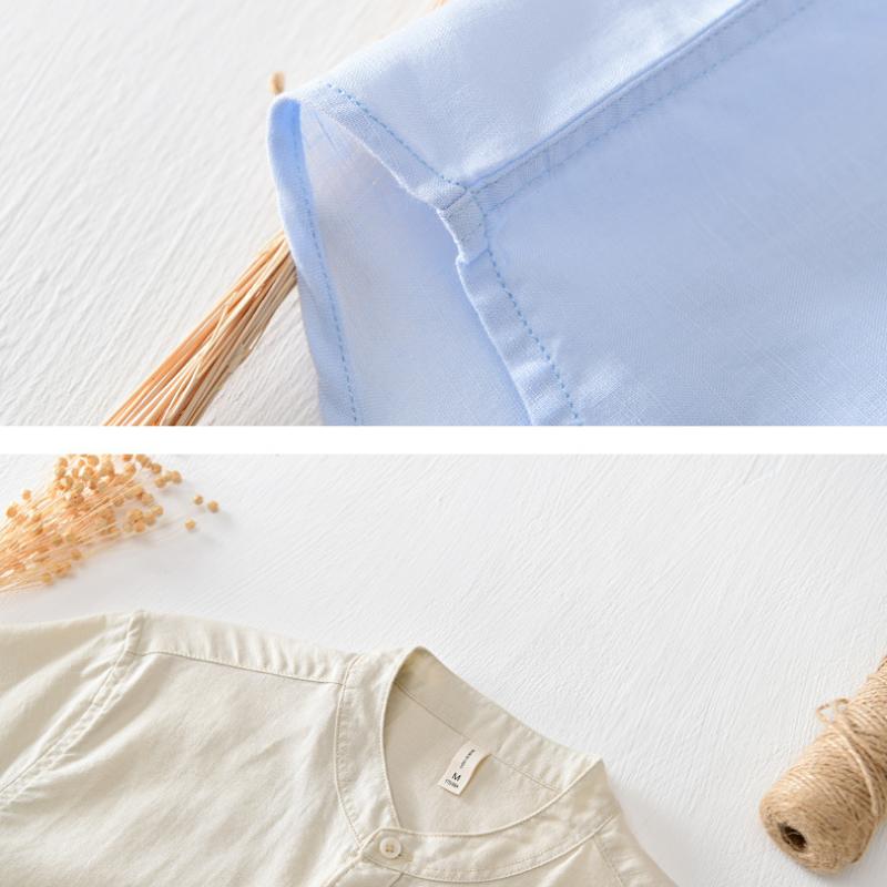 Мужская рубашка с воротником-стойкой, летняя повседневная рубашка с коротким рукавом 4XL, дышащая мужская одежда, простой стиль, однотонные рубашки из хлопка и льна