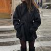Пальто женское средней длины с воротником-стойкой, однобортное, на шнуровке, теплое, для通勤, в ретро-стиле, черное, верхняя одежда, осень/зима 2025