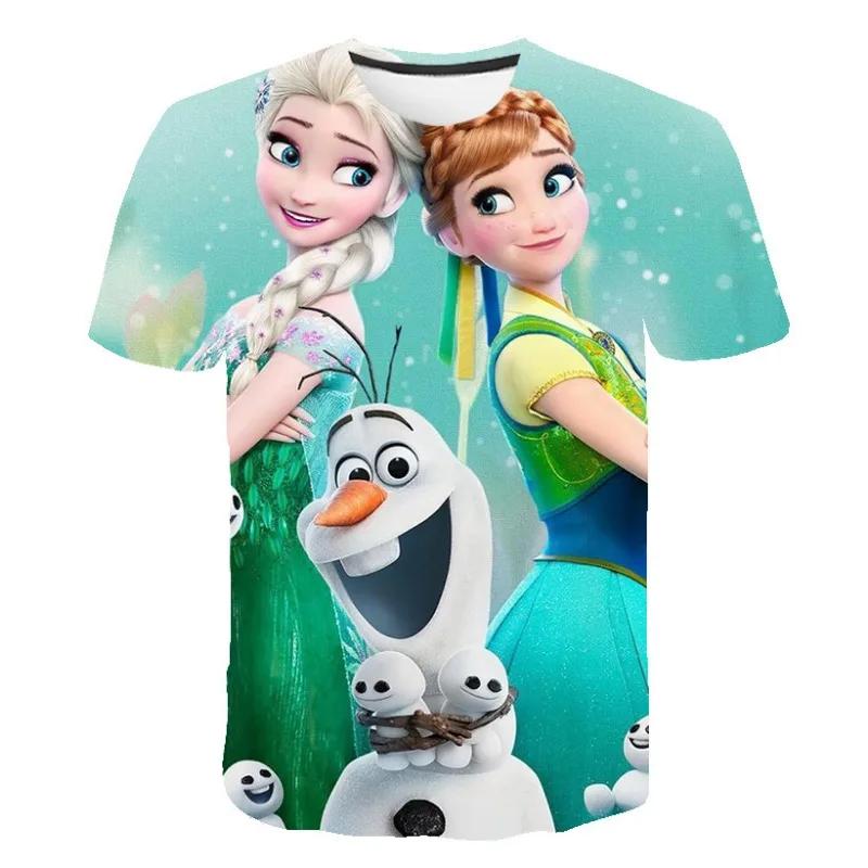 2026 Новая летняя футболка Disney Холодное Сердце 3D-печать Анна Эльза Печать Топы для девочек Холодное Сердце Снежная Королева Анна Эльза Мультяшная Печать Рубашки
