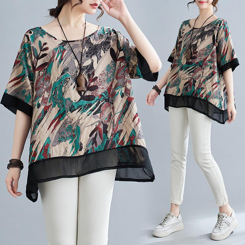 Футболка большого размера из хлопка и льна для женщин, летняя, новый стиль, литературный принт, свободная, с принтом мяса, повседневная, универсальная, с круглым вырезом и короткими рукавами