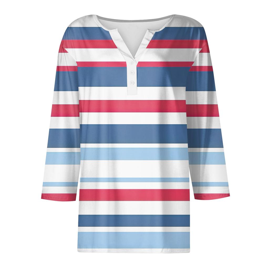 Женская мода Повседневная полосатая футболка с v-образным вырезом и декоративными пуговицами с рукавом три четверти Топ