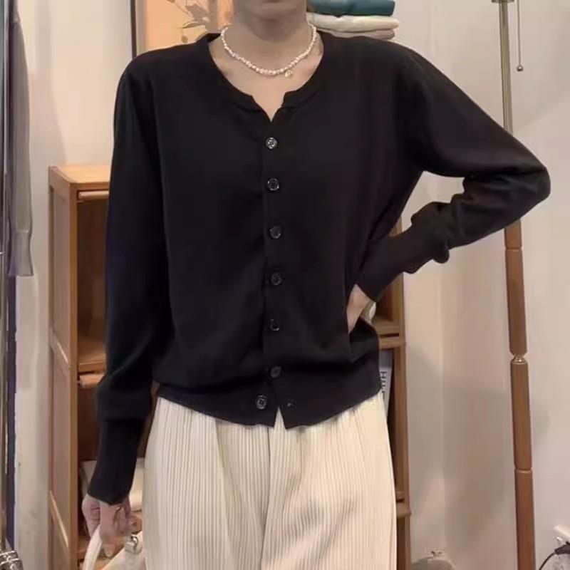 Тонкий вязаный кардиган женский осенний новый с круглым вырезом свободный короткий свитер куртка топ женский