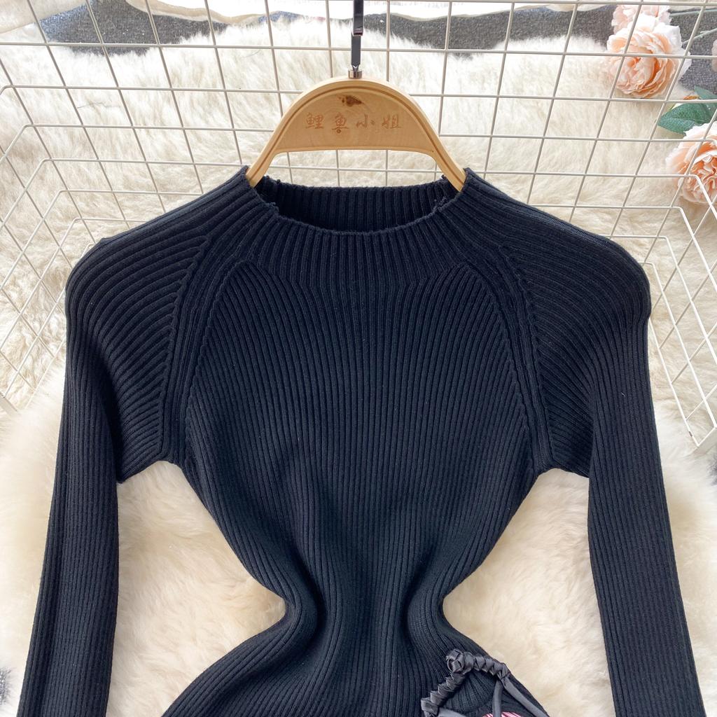 Старший трикотажное платье мода O-образный вырез перо длинный рукав женское завязка цвет блок сращивание плиссированное длинное платье