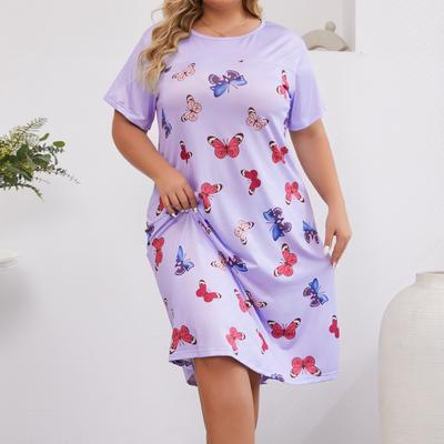 Плюс размер 5XL Ночное платье Женское Летнее Фиолетовое принт бабочки Ночные рубашки с коротким рукавом Длинная ночная рубашка Домашняя одежда Женская ночная рубашка