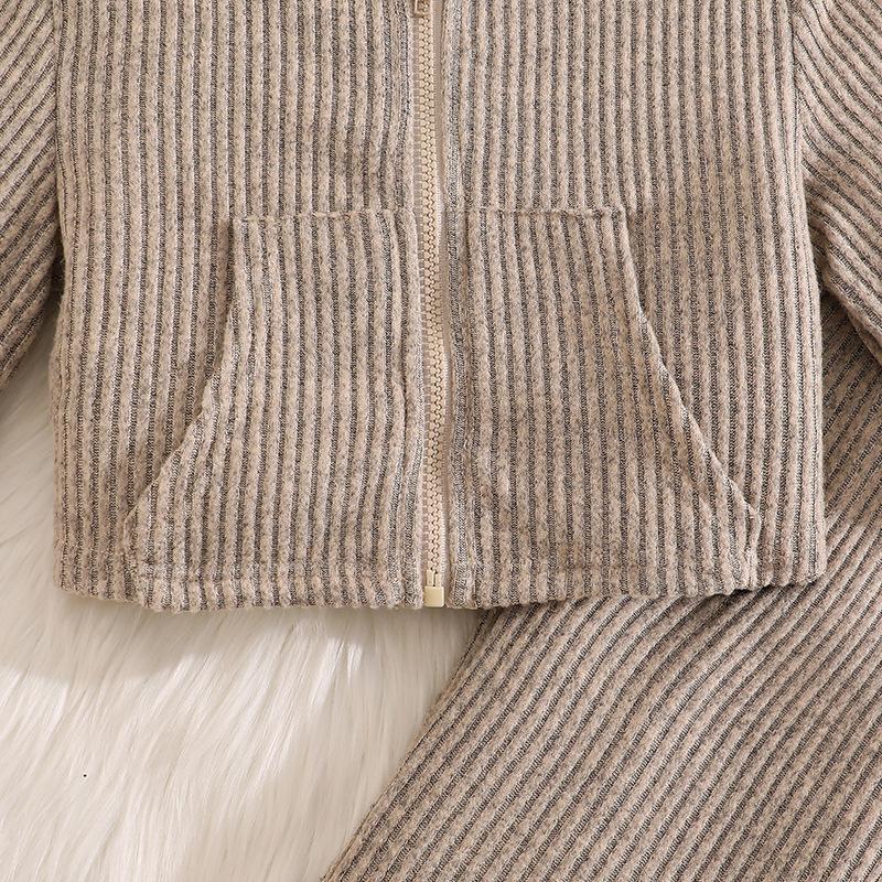 Наряд для девочек Осень Зима Новый Вязаный В рубчик С длинным рукавом Капюшон На молнии Топ Модные расклешенные брюки