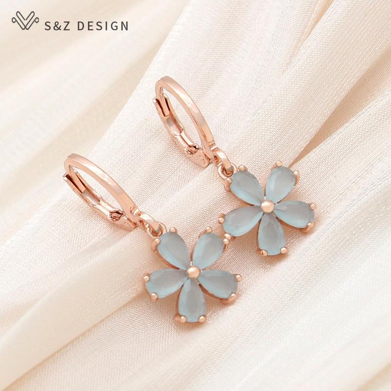 Stylish Rose Gold Color Cute Cubic Zirconia Flower Drop Earrings Jewelry Sets For Women Wedding Elegant Fashion Pendant Necklace