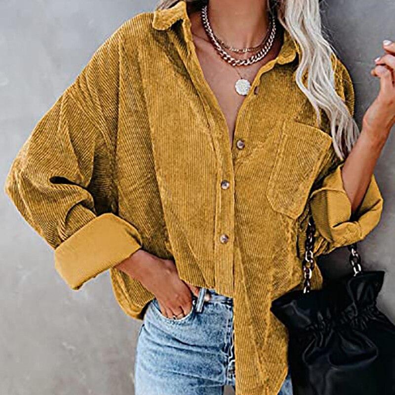 Хлопковая Повседневная вельветовая блузка женская в полоску размера плюс женская рубашка-куртка винтажная пуговица с карманом свободные модные блузки топы 17787
