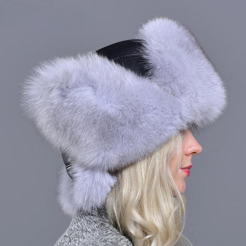 Winter Hats Earflaps Women Bomber Hats Natural Fox Fur Fluffy Female Girls Warm Sheepskin Windproof Russian Trapper Hats