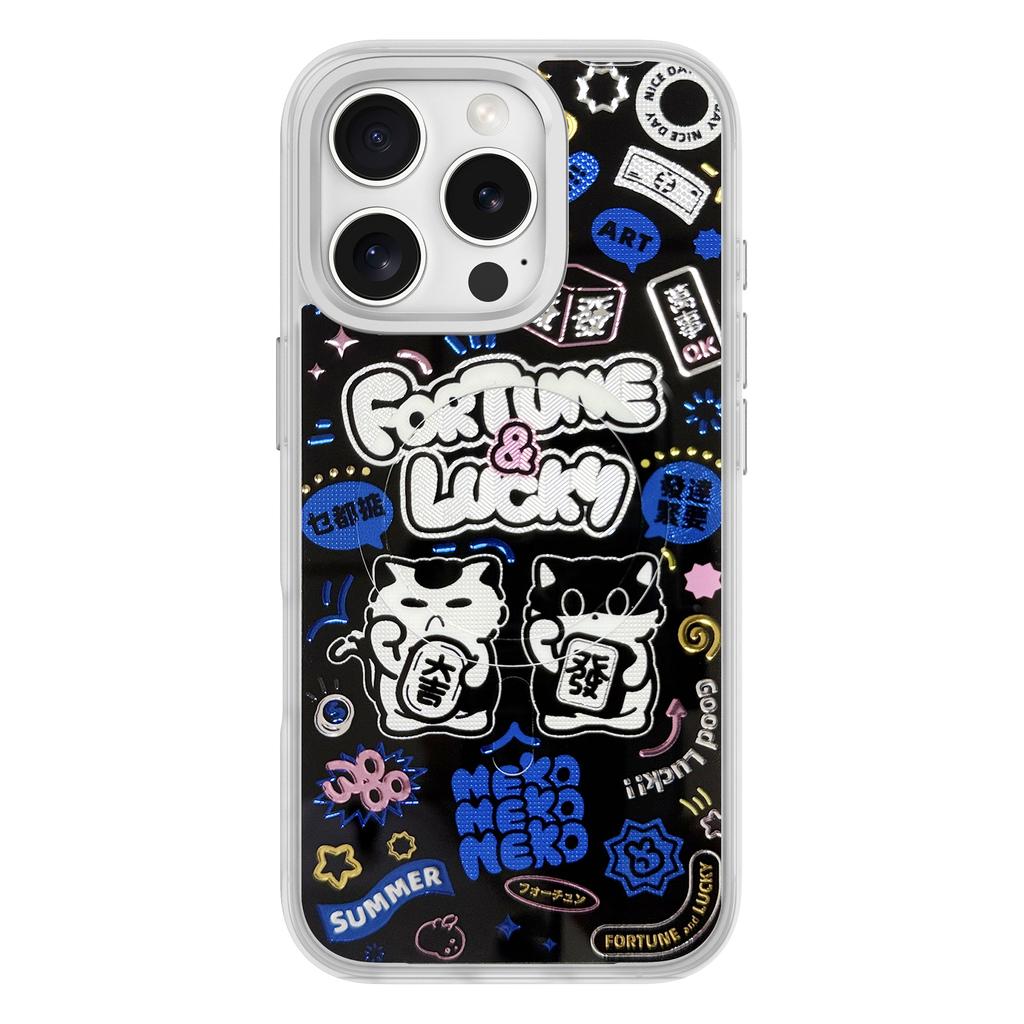 For iPhone 16 Pro Magnetic Case TPU PC Phone Cover with Detachable Blue Lucky Cat Backplate