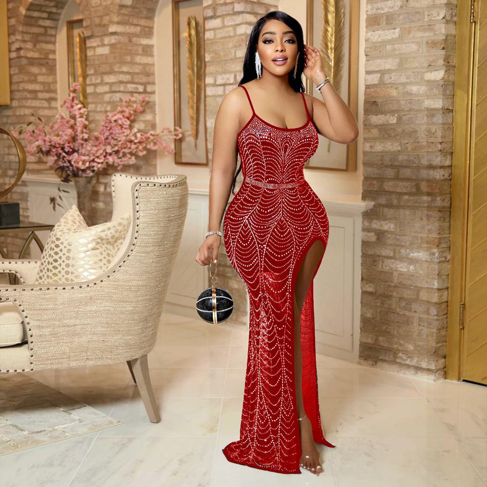 CY9811 European and American Fashion Sexy Rhinestone Spaghetti Strap Rhinestone Slit Leg-Showing Rhinestone Dress for Banquet Socialites