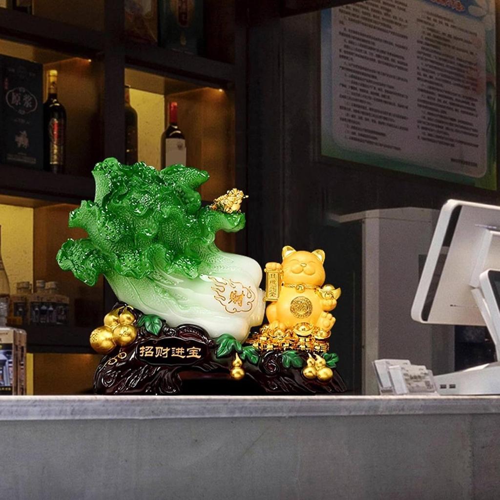 Aris & Juno Lucky Cabbage & Fortune Cat Statue, Resin Feng Shui Figurine for Wealth & Prosperity, Home Office Decor, Business Gift