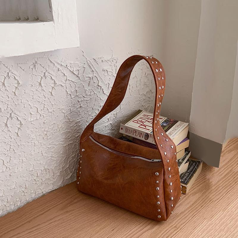 Винтажная однотонная сумка-подмышка с заклепками для женщин, легкая портативная сумка через плечо из ПУ кожи для путешествий, пляжа и повседневных выходов KTY