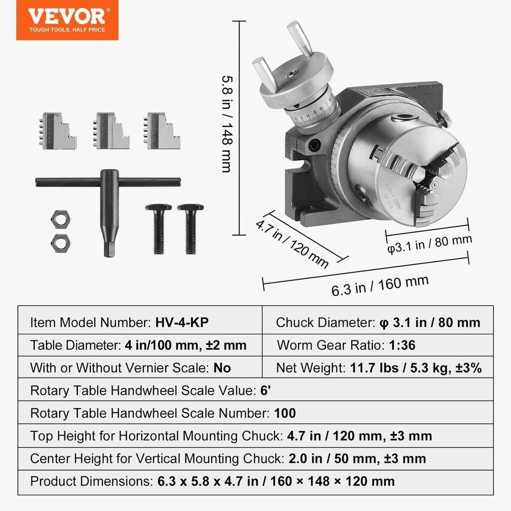 Rotary Table for Milling Machines, 100 mm, Horizontal Vertical Model Precision Milling Rotary Table, with 80 mm 3-Jaw Chuck M10 T-Bolts Nuts, for