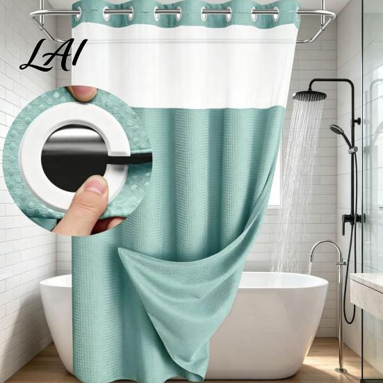 Heavy Duty Waterproof Shower Curtain No Hook Curtain with Snap-on Liner Easy Installation Mesh Top Machine Washable Divider for Bathroom
