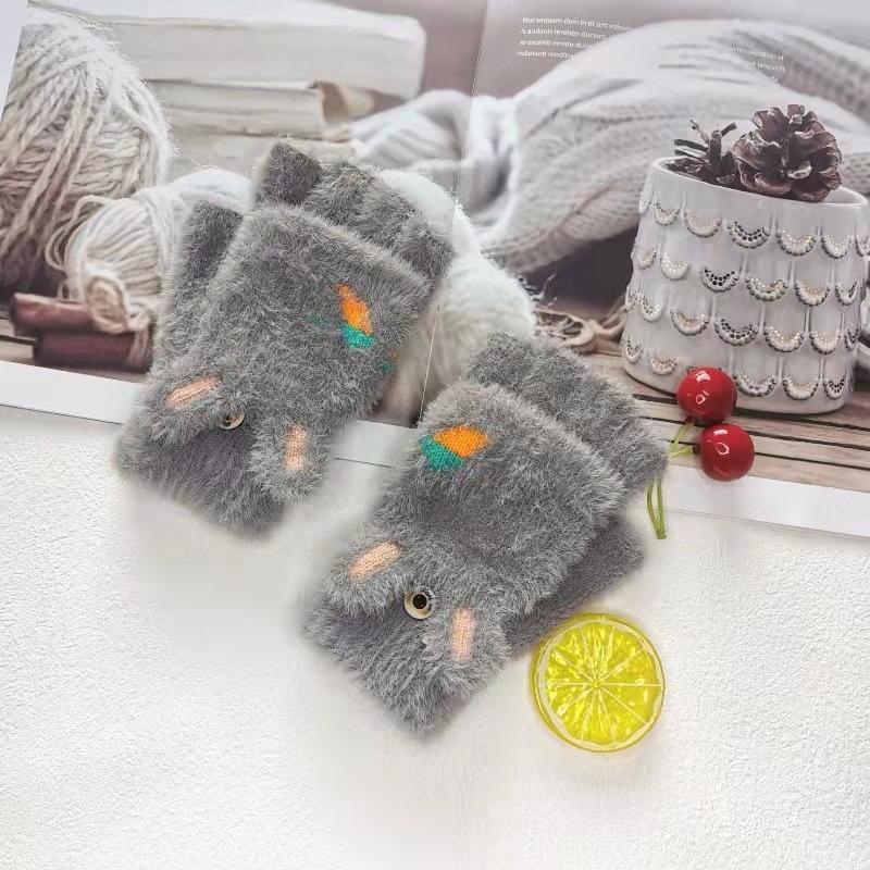 Women's Winter Cute Radish Cartoon Cold-proof Imitation Mink Half-finger Leak-finger Warm Knitted Adult and Children's Gloves