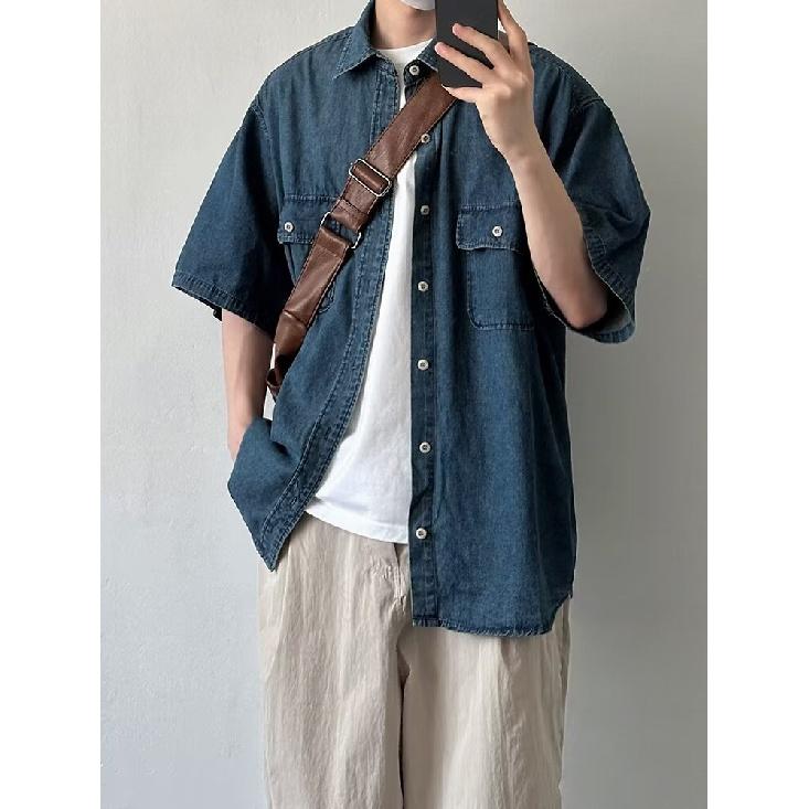 Мужская летняя рубашка с коротким рукавом, мужская ретро свободная повседневная рубашка с рукавом пять четвертей, модная брендовая рубашка для верхней одежды