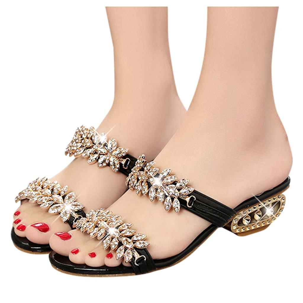 Summer New Fashion Ladies Non-Slip Mid-Heel Rhinestone Slippers Sandals
